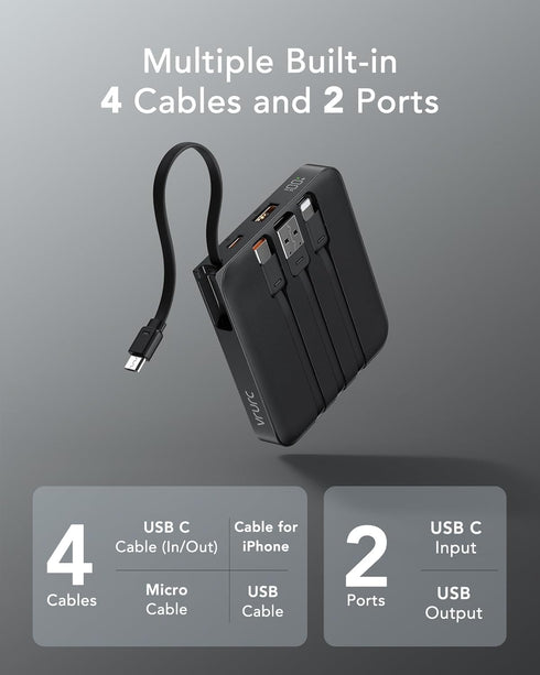 VRURC Portable Charger with Built-in Cable, 10000mAh 22.5W Fast Charging USB C Battery Pack for iPhone 15 14 Samsung