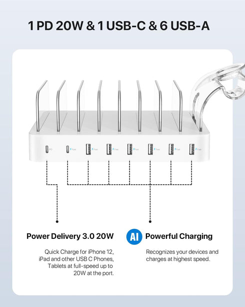 SooPii 8-Port USB-C Charging Station with 1 PD 20W Fast Charging Port, 8 Mixed Cables, and Upgraded Holder for lWatch