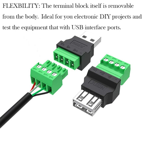 4Packs USB 2.0 Type A Male/Female to 4 Pin Screw Terminal Block Connector, Portable Pluggable Type Adapter
