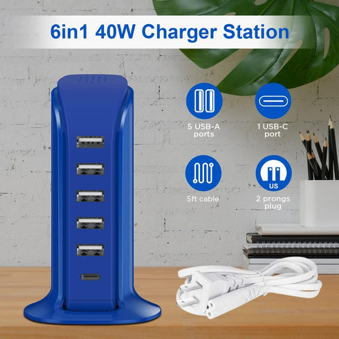USB Charging Station Upoy, 6 Ports Charging Blocks, USB Power Hub with C Port, Multi Charger 40W for Electronics