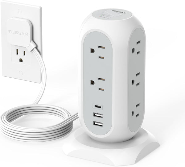TESSAN Tower Power Strip Flat Plug with 11 Outlets 3 USB (1 USB
