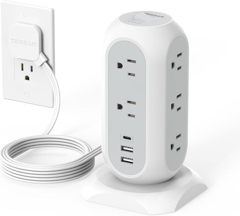 TESSAN Tower Power Strip Flat Plug with 11 Outlets 3 USB (1 USB