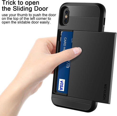 Vofolen Case for iPhone Xs Max, Black Wallet Card Holder Sliding Cover, Dual Layer Protective Hard Shell Armor Case