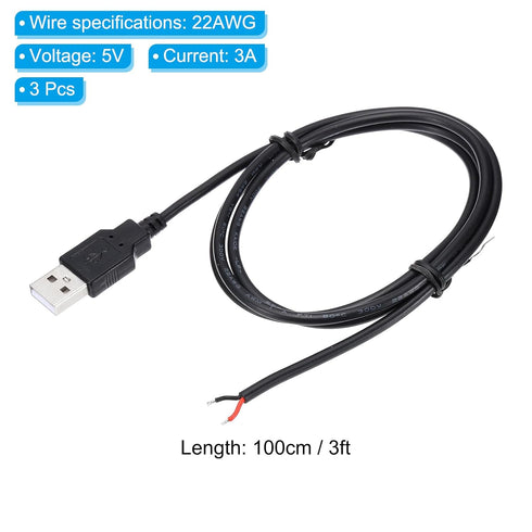 PATIKIL 1M/3Ft 5V 3A USB Pigtail Extension Power Cable, 3 Pcs Black 22AWG USB Plug to 2 Pin Bare Wire Connector for DIY
