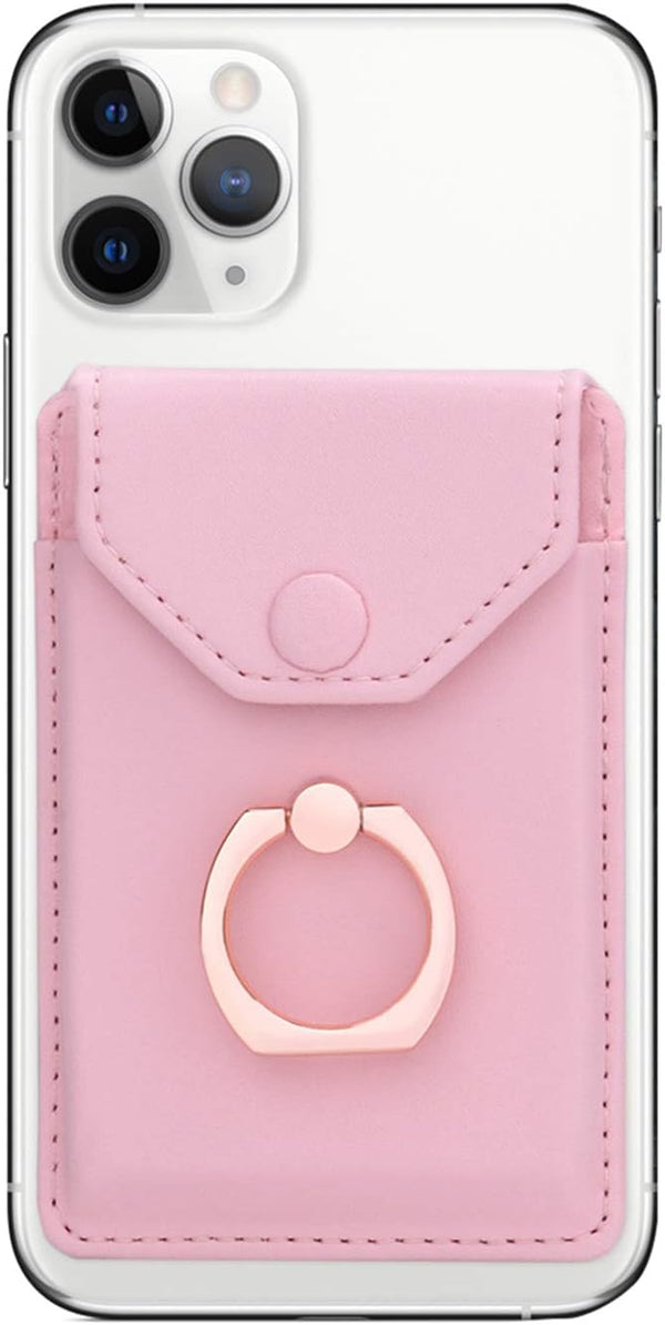 Cell Phone Card Holder RFID Ring Stand Stick on Wallet for Back of Phone, iPhone, Android, All Smartphones - Pink