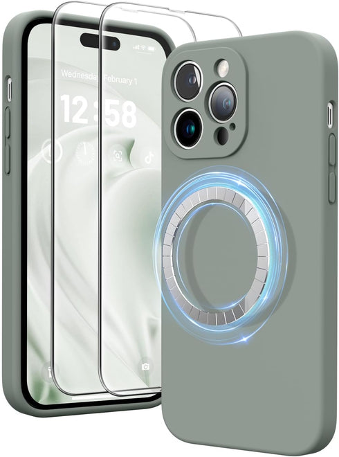 iPhone 14 Pro Case, Calke Green Silicone, MagSafe Compatible, Camera Protection, 6.1", with 2 Screen Protectors.