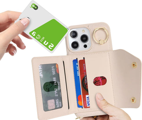 for iPhone 14 Pro Case with Card Holder and Strap, Zipper Pocket, Crossbody Lanyard Strap, Cute Phone Wallet Case