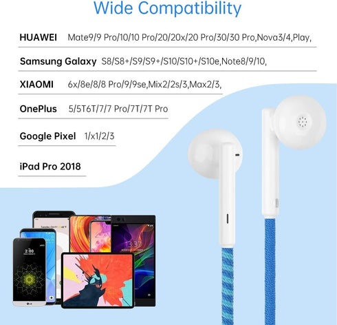URIZONS 2-Pack Braided USB C Earphones with Mic + USB C to USB C PD Charging Cables, Colorful Earbuds