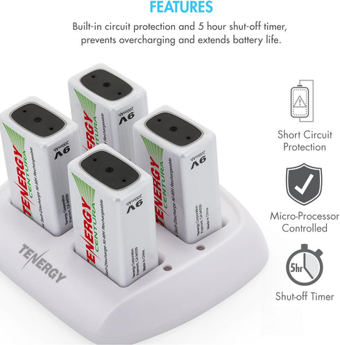 Tenergy TN136 9V 4-Bay 9 Smart Battery Charger for Rechargeable NiMH Volt Batteries
