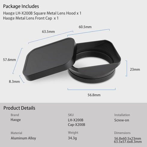 Haoge Metal Square Lens Hood for Fujifilm X100VI X100V X100F with 49mm UV Filter Adapter Ring & Metal Cap Kit, Black