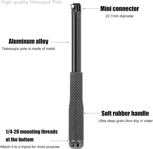 SOONSUN 45'' Aluminum Waterproof Extension Monopod Pole Selfie Stick for GoPro Hero 12 11 10 9 8 7 6 5 4, Max, Mini, Fusion, Session, Insta360 X2 X3, GO3, Osmo Action 3 4, AKASO Camera