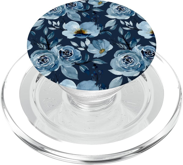 PopSockets PopGrip for MagSafe, Blue Watercolor Flower Pattern.