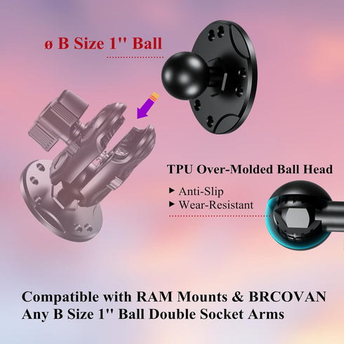 BRCOVAN 1'' Ball Mount Base with Aluminum Alloy AMPS Hole Round Plate & 1'' TPU Ball Adapter
