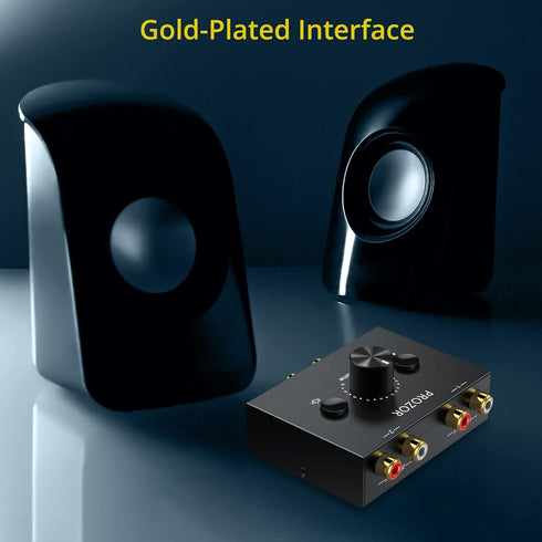 PROZOR RCA Stereo Audio Switcher, 2 in 1 Out R/L Stereo Switch, 1 in 2 Out Splitter with Mute Button, No Power Required