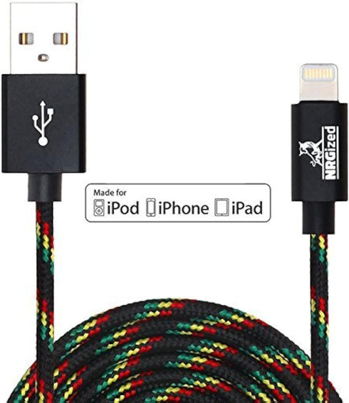 NRGPower Premium 3ft Nylon Braided USB Cable with Lightning Connector, MFi Certified for iPhone, iPad, Rasta