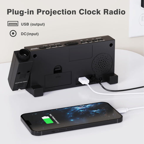 Mesqool Projection Alarm Clock with FM Radio, Large Number Display, USB Charger, Dual Alarms, Sleep Timer