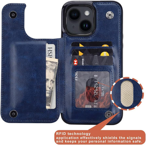 uCOLOR Wallet Case for iPhone 15 Plus 6.7" with Card Holder Slot, Flip PU Leather Kickstand, RFID Blocking, Navy Blue