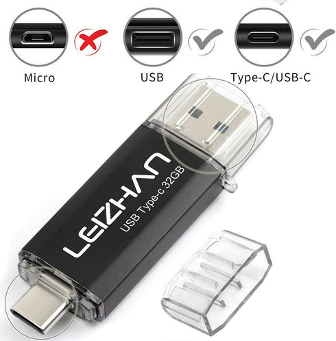 LEIZHAN USB C Flash Drive 32GB - Type C Thumb Drive for Samsung Galaxy S10, S10e, S9, S8, LG G5 G6, Black
