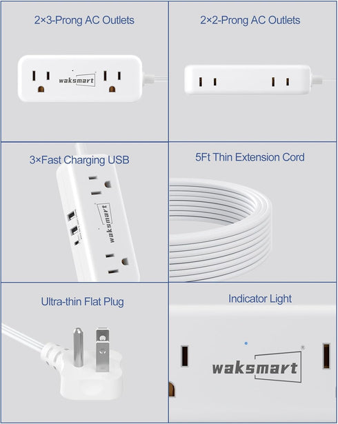 Waksmart 5 4 3 (5V/3.4A 17W), Flat Plug Power Strip - Ft Thin Flat Extension Cord with AC Outlets USB Ports Flat Outlet