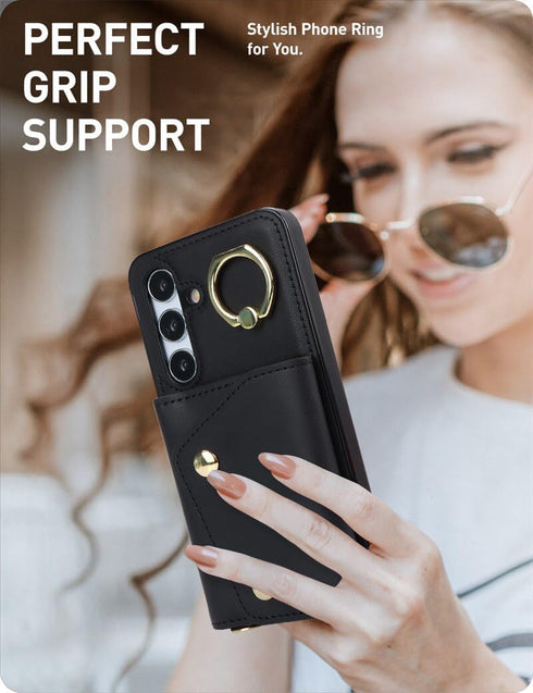 Samsung Galaxy S24 Plus / S24+ Phone Case for Women, Crossbody Wallet Case with Credit Card Holder, Shockproof Black