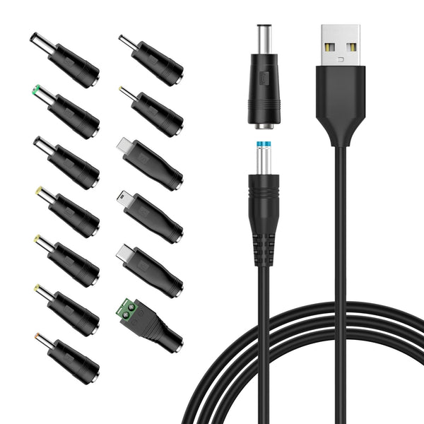 Powseed 5V Universal DC Power Cable, USB to DC Charging Cord with 13pcs Adapter Plugs for Webcam, Router, Power Bank,