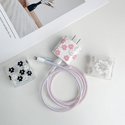 for Apple 20W USB-C Power Adapter Charger with Protective Case and USB Lightning Cable Cover, Cute Floral Data Cable
