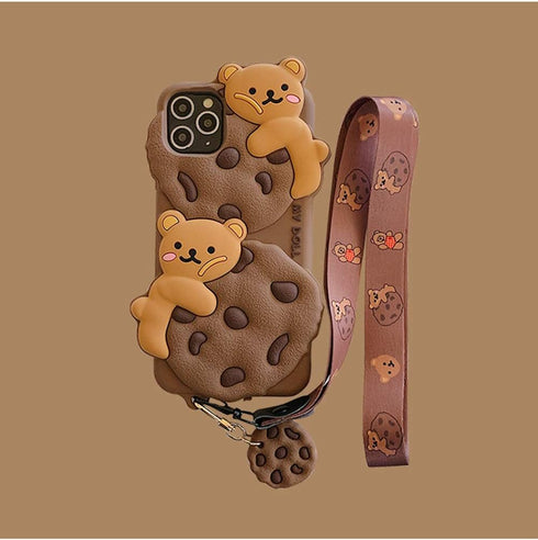 Yatchen iPhone 12 Pro Max Case, Bear Cookie Silicone Protective Cover with Strap Lanyard, Cartoon Kawaii for Women Girls