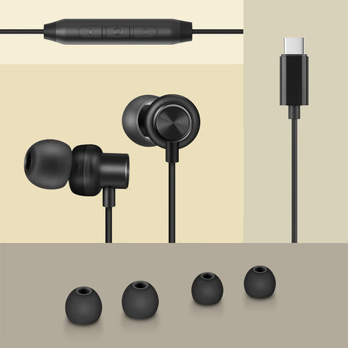 PALOVUE USB Type C Earbuds with Mic & Volume Control for Google Pixel, Samsung, OnePlus, Huawei, Sony, MacBook - Black