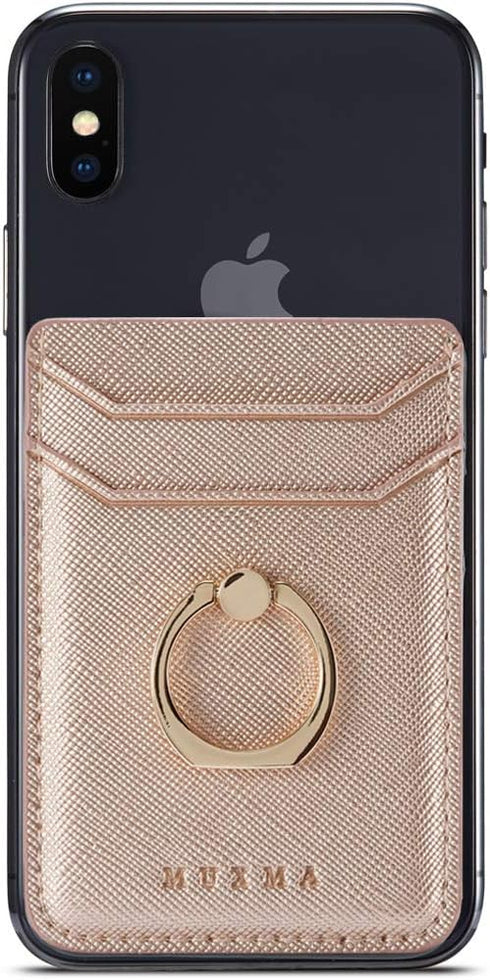Phone Card Holder with Ring Grip, Adhesive Stick-on Credit Card Wallet Pocket for iPhone, Android (Rosegold)