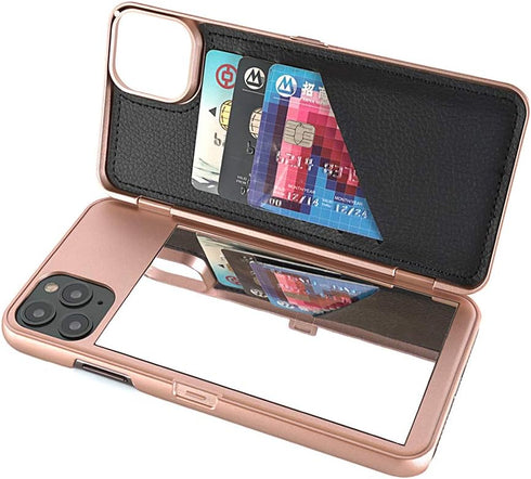 Hidden Back Mirror Wallet Case for iPhone 11 Pro Max (2019) 6.5 inch with Stand Feature and Card Holder (Rose Gold)