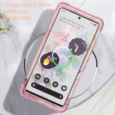 Google Pixel 6 Pro Case, Marble Rose Gold Women 3 in 1 Hard PC Soft Silicone Protective Rugged Bumper Cover