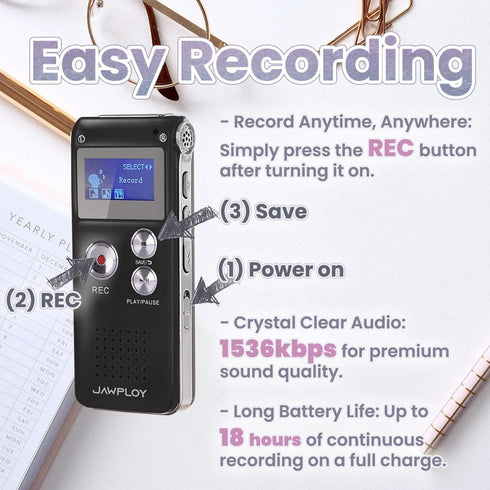 Jawploy 64GB MP3, Digital Voice Recorder for Lectures Meetings Voice Activated Recording Device with Playback, Portable