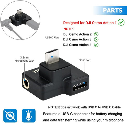 JJC Dual USB-C 3.5mm Mic Adapter for DJI Osmo Action 1 - Not Compatible with DJI Osmo Action 2 3 4, Audio Adapter