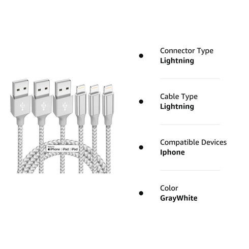 Apple MFi Certified iPhone Charger 3 Pack - 10 ft Nylon Braided Fast Charging Cable for iPhone 13, 12, 11 Pro Max, and