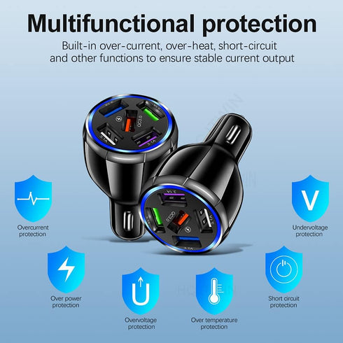 Car Charger Adapter, 5 Port QC3.0 Fast Charging Car Cigarette Lighter USB Charger, Compatible with iPhone, Android,