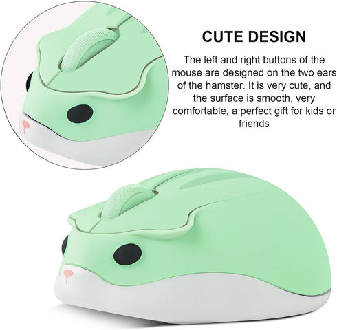 Hamster Shape Wireless Mouse - Cartoon Portable Animal Optical Cordless Mice for Travel, School Kids Gift (Green)