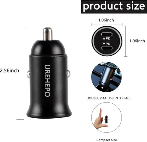 USB C Car Charger, 40W PD Dual Ports Fast Charging Car Adapter, Type C Compact Car Charger Compatible with iPhone