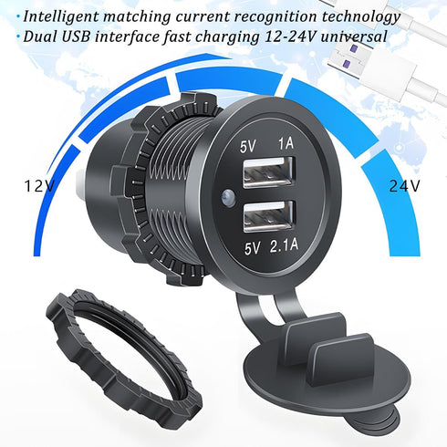 HZEL 2 12V/24V Car USB Outlet Wire Charger, Port Vehicle USB Charger Socket Mount with Wire, Automotive Interior Power