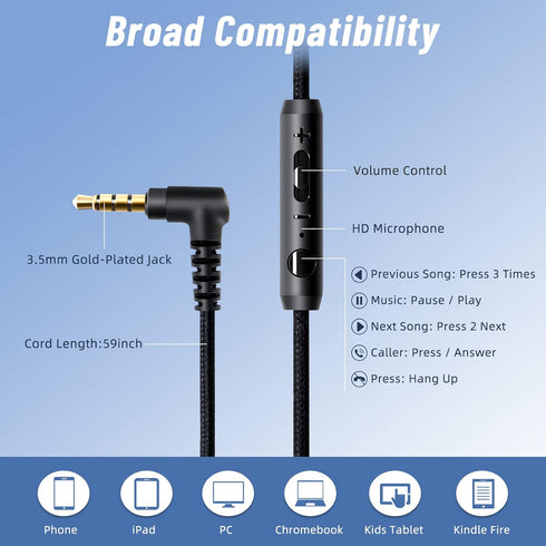 rockpapa Grade Wired Headphones with Microphone, Lightweight Foldable Stereo, 3.5mm Jack, Black