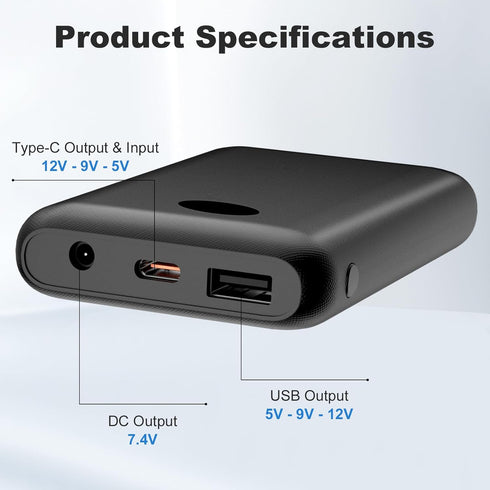 FERNIDA 10000mAh Pack 7.4V 5V/9V/12V Battery for DC Heated Vest, Pants, Shirt, Power Bank Type-C in&Out with Digital