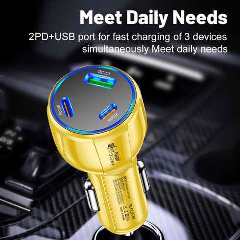 3-Port 90W USB C Car Charger, PD30W & QC3.0 Fast Charger Adapter for iPhone/Android/Samsung/iPad (Yellow)