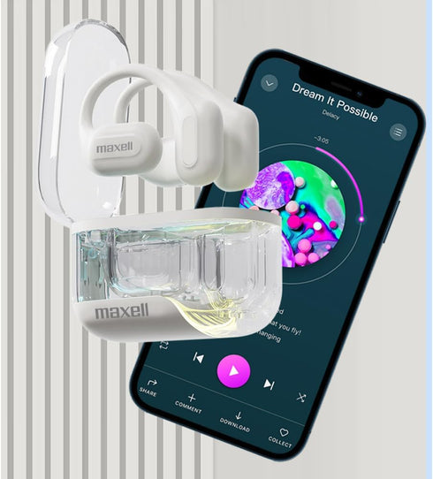 Maxell OWS Pro Bluetooth Open Earhooks, Immersive Sound, Vibrant Colors, Up to 18 Hours Playtime with Case