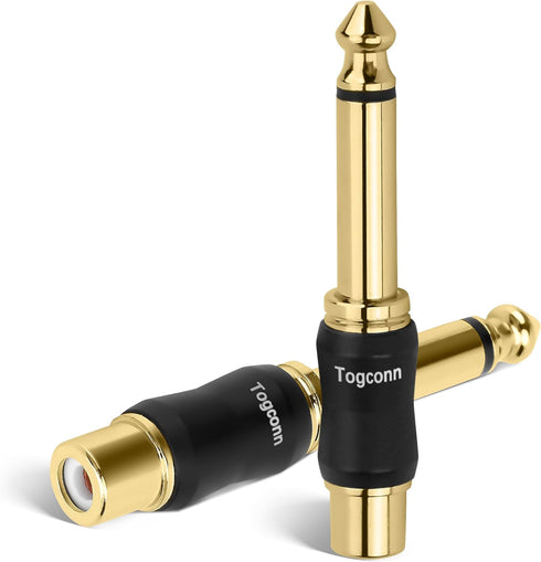 RCA to 1/4 Inch Adapter 2 Pack, 6.35mm TS Mono Male to RCA Female Jack Plug, Gold-Plated Guitar Connectors