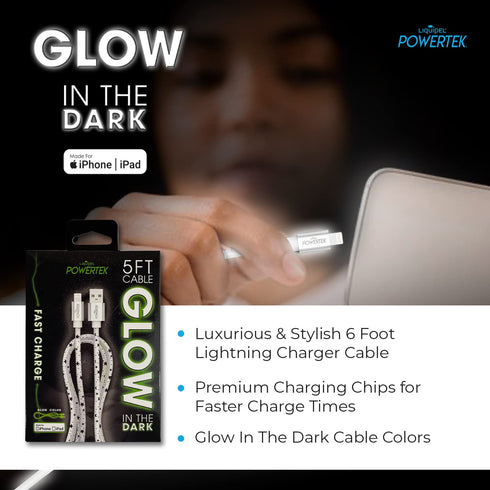 LIQUIPEL Powertek Glow MFi Certified 5ft Lightning to USB Charger for iPhone & iPad, Fast Charging Cable (White w/Stars)