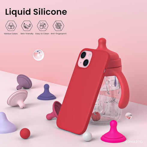 ORNARTO Slim Liquid Silicone Case for iPhone 15, 3 Layers Full Covered Soft Gel Rubber 6.1 inch, Anti-Scratch Red