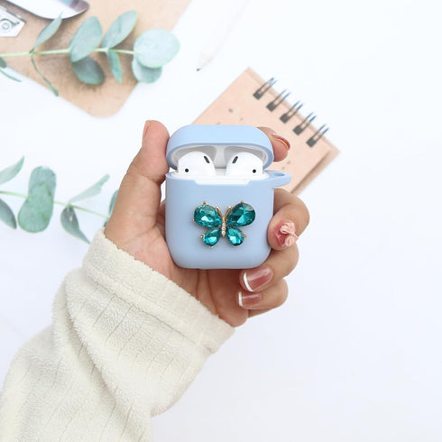 Wonhibo Cute Butterfly Case for AirPods - Cover for Airpod 1 & 2 with Keychain (Blue)