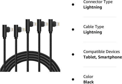 MFI Certified iPhone Cable 5 Pack (3/3/6/6/10FT) - Nylon Braided, 90° Elbow Fast Charger for iPhone 12, 11 Pro Max, XR,