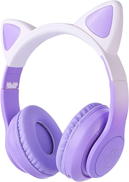 Cat Ear Kids Headphones Bluetooth, LED Light up Wireless/Wired Mode Over Ear Headphones with Build in Microphone for School/Travel (Purple)