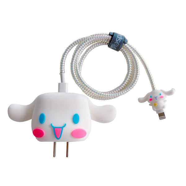 3D Cute Cartoon Charger Protector Case for Apple 20W USB-C Power Adapter and Lightning Cable (White Dog)