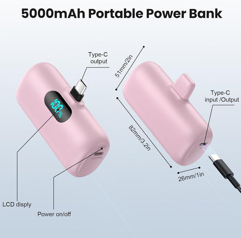 Mini Portable Charger USB C Power Bank 5000mAh, PD Fast Charging Battery Pack with Built-in USB-C Connector for iPhone